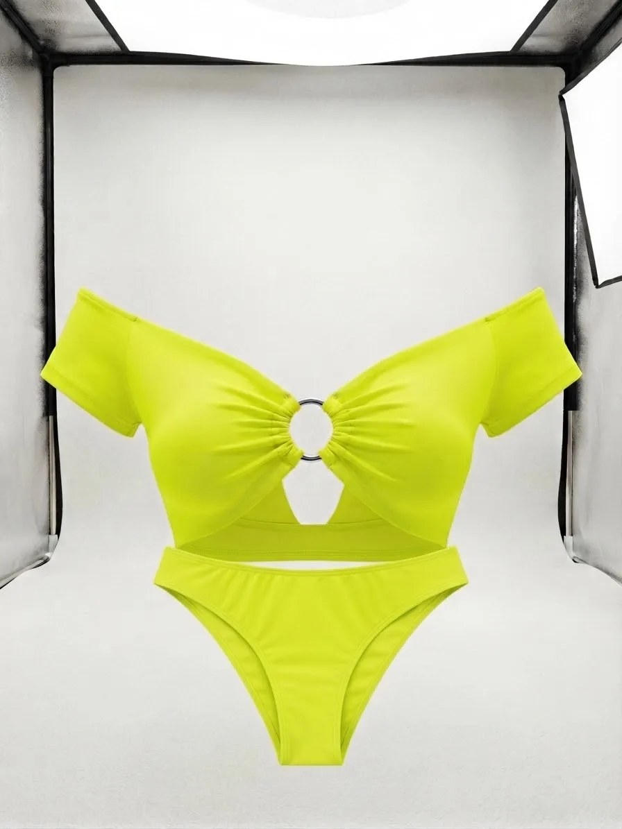 Bikini de Dos Piezas con Detalle de Aro Central - Amarillo Neón