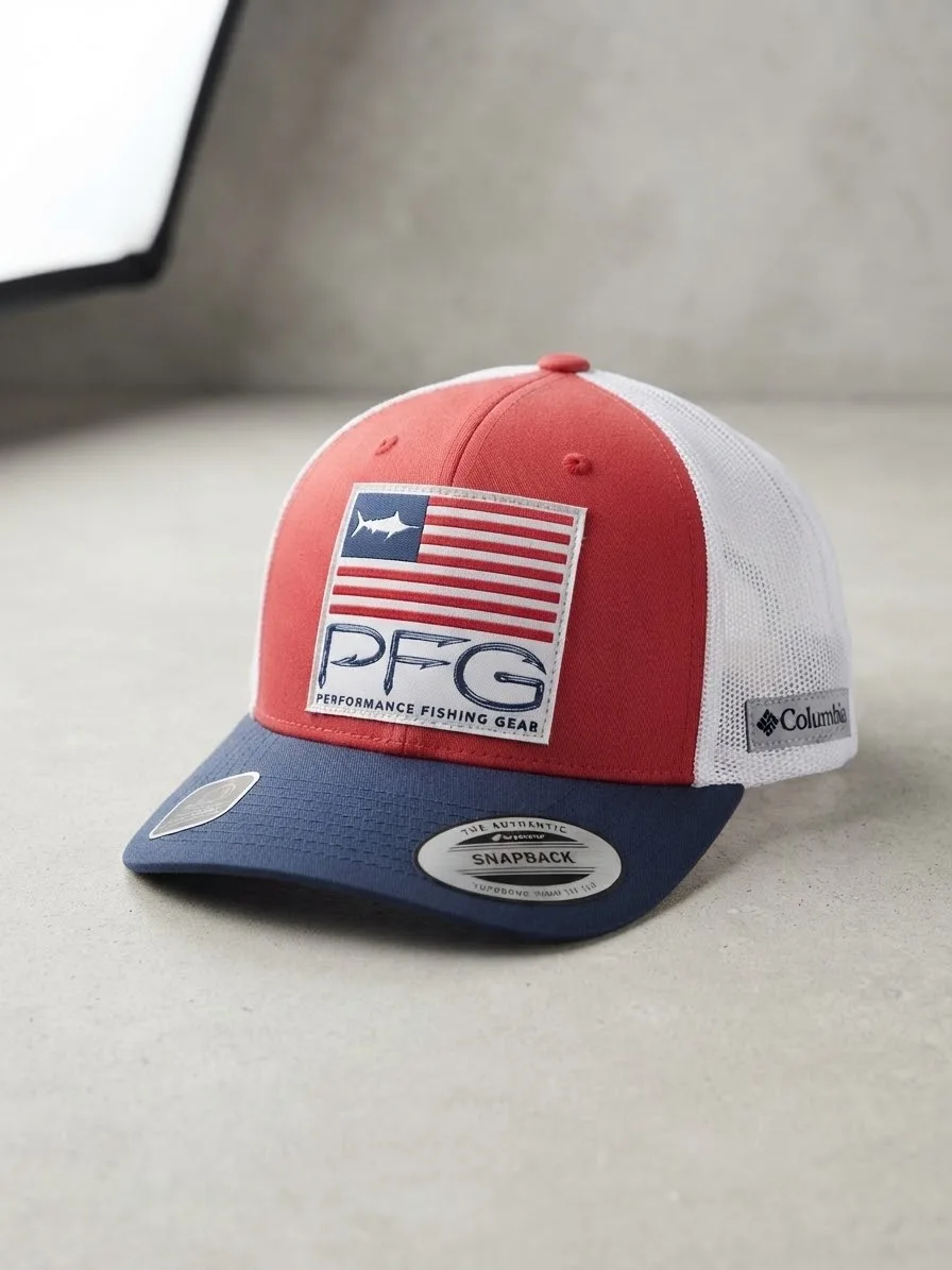 Gorra Trucker Columbia Pfg (Performance Fishing Gear) - Bandera Americana / Roja y Azul Marino