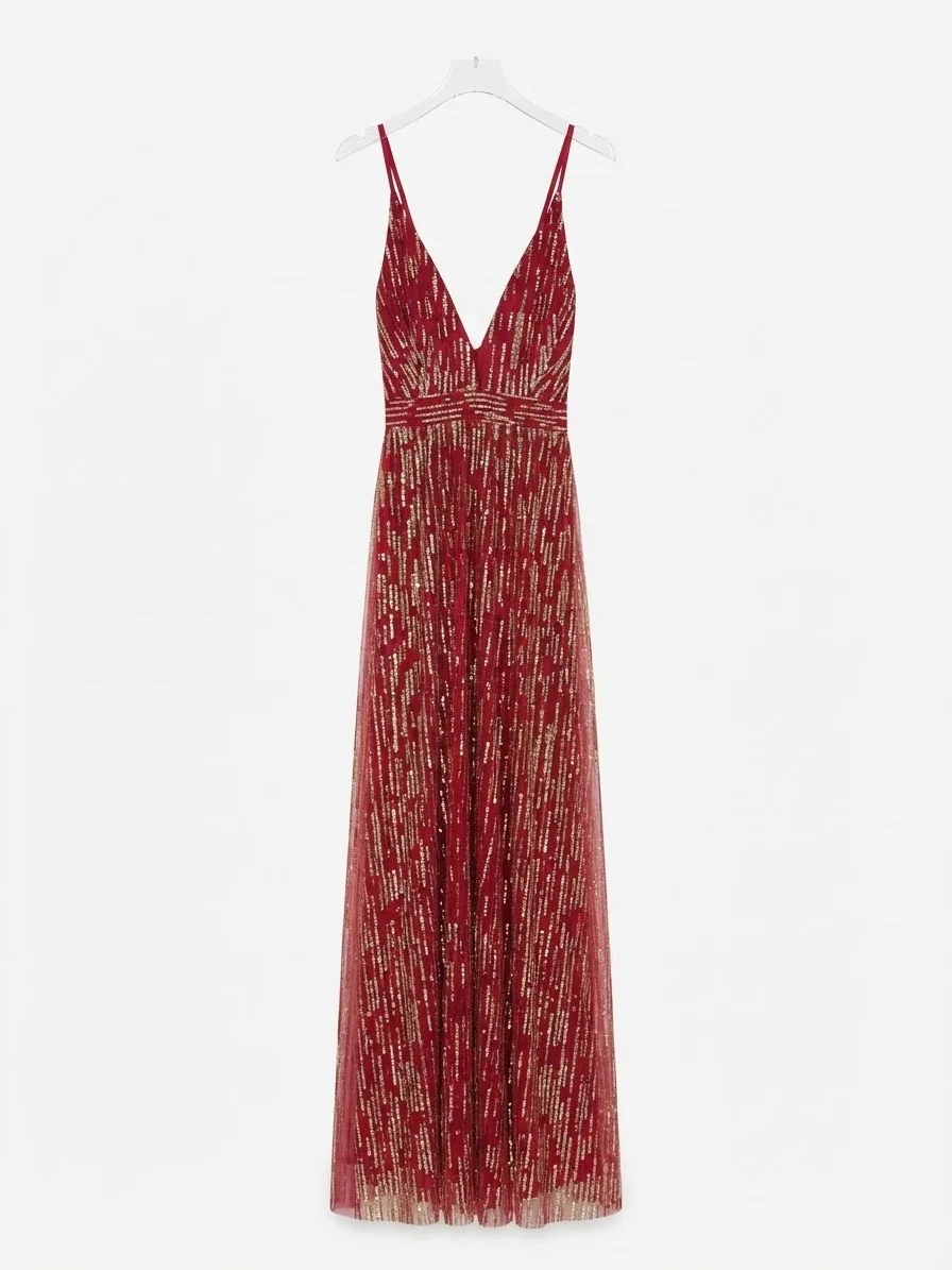 Vestido Rojo Vino/ Dorado (Luxxel) Talla S