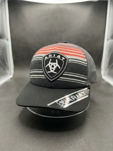 Gorra Trucker Ariat - Estampado a Rayas con Panel Frontal Negro y Visera Curva