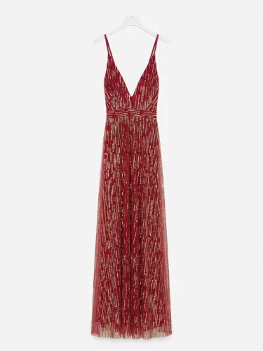 Vestido rojo vino/ dorado (Luxxel) Talla S